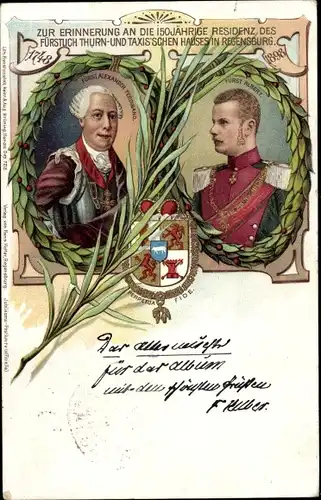 Wappen Litho Fürst Alexander Ferdinand von Thurn und Taxis, Fürst Albert, 150jähriges Jubiläum 1898