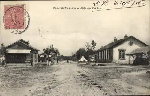 Ak Sissonne Aisne, Camp de Sissonne, Allee des Cantines