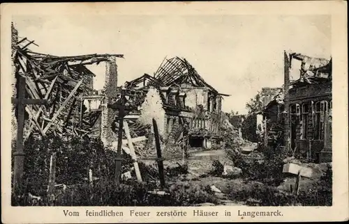 Ak Langemarck Langemark Poelkapelle Westflandern, zerstörte Häuser