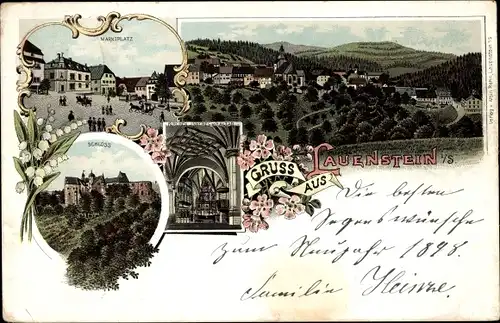 Litho Lauenstein Altenberg im Erzgebirge, Marktplatz, Schloss, Kirche, Ortspanorama