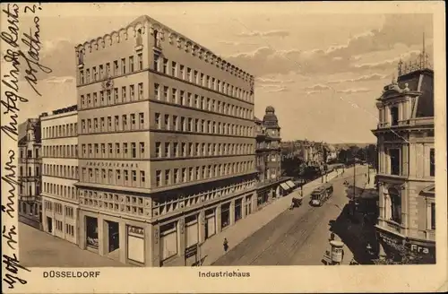 Ak Düsseldorf am Rhein, Industriehaus, Straßenbahn