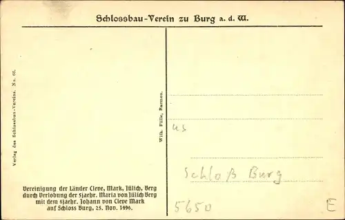 Ak Burg an der Wupper Solingen, Schloss Burg, Verlobung Maria von Jülich, Johann von Cleve, 1496