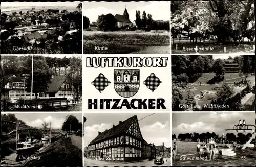 Ak Hitzacker an der Elbe, Wappen, Kirche, Gästehaus Waldfrieden, Altes Zollhaus, Schwimmbad