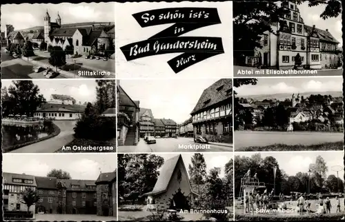 Ak Bad Gandersheim am Harz, Abtei, Elisabethbrunnen, Schwimmbad, Marktplatz, Brunnenhaus