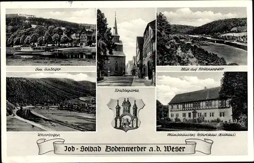 Wappen Ak Bodenwerder in Niedersachsen, Münchhausens Geburtshaus, Straßenpartie