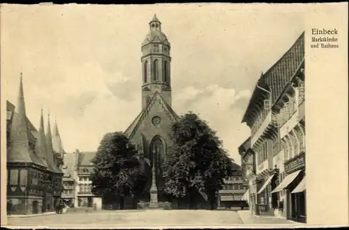 Ak Einbeck in Niedersachsen, Marktkirche und Rathaus, Geschäft W. Riechers