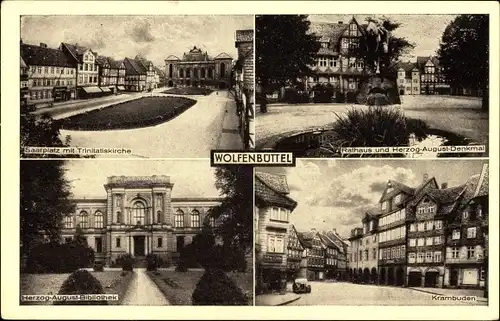 Ak Wolfenbüttel, Saarplatz, Rathaus, Krambuden, Trinitatiskirche, Herzog August Denkmal, Bibliothek