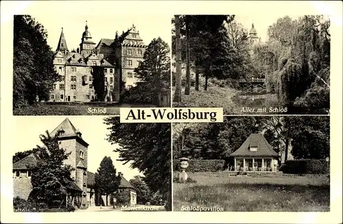 Ak Wolfsburg in Niedersachsen, Schloss, Aller, Marienkirche, Schlosspavillon