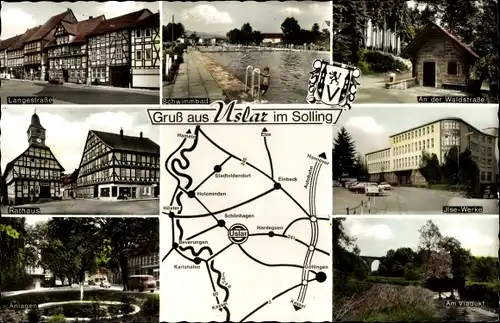 Landkarten Ak Uslar im Solling Niedersachsen, Ilse Werke, Rathaus, Schwimmbad, Langestraße, Waldstr.