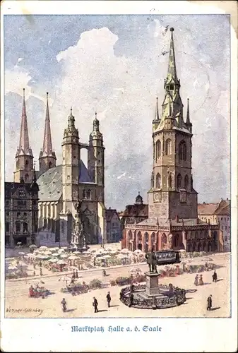 Künstler Ak Halle an der Saale, Marktplatz, Kirche