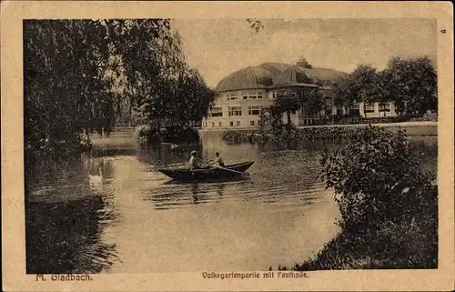 Ak Mönchengladbach am Niederrhein, Volksgarten, Festhalle, Ruderboot