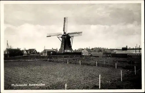 Ak Arnemuiden Zeeland, Molenzicht, Mühle, Dorfpartie, Acker