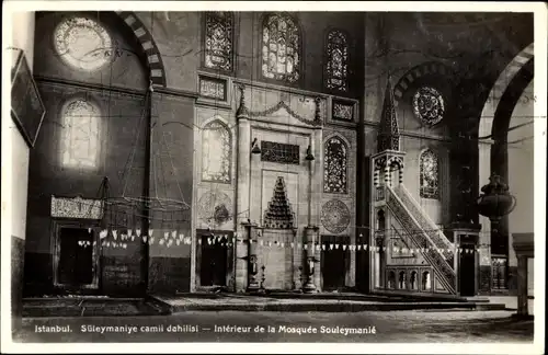 Ak Konstantinopel Istanbul Türkei, Innenraum der Souleymanie-Moschee