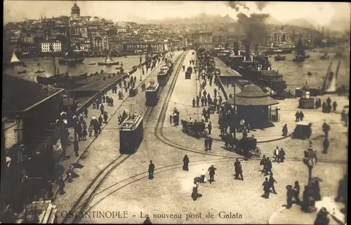 Ak Galata Konstantinopel Istanbul Türkiye, Neue Brücke, Straßenbahn