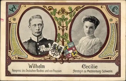 Passepartout Ak Kronprinz Wilhelm von Preußen, Kronprinzessin Cecilie, Wappen