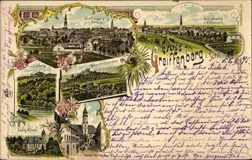 Litho Gryfów Śląski Greiffenberg Schlesien, Kienberg, Ruine Greiffenstein, Ev. Kirche, Kath. Kirche