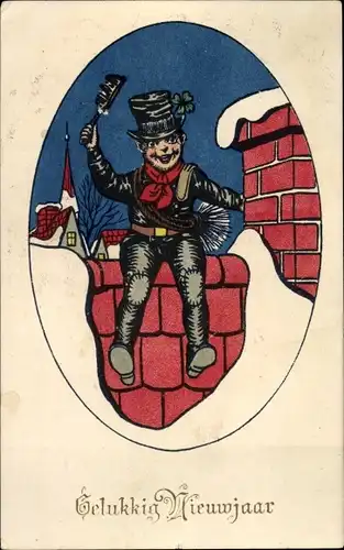 Ak Fröhliches Neujahr, Schornsteinfeger sitzt auf einem Dach