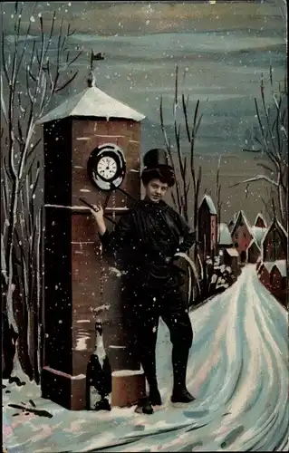 Ak Fröhliches Neujahr, Schornsteinfeger, Uhr, Sektflasche