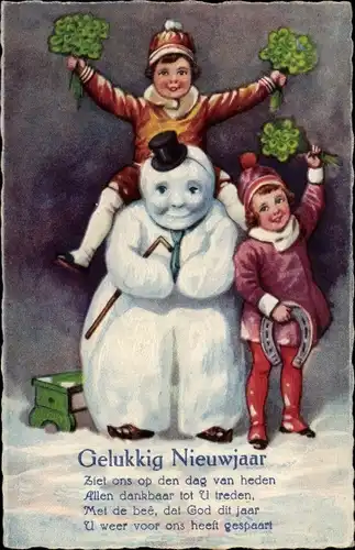 Ak Fröhliches Neujahr, Schneemann, Kinder, Kleeblätter, Hufeisen