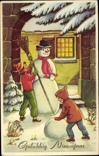 Ak Fröhliches Neujahr, Kinder bauen einen Schneemann