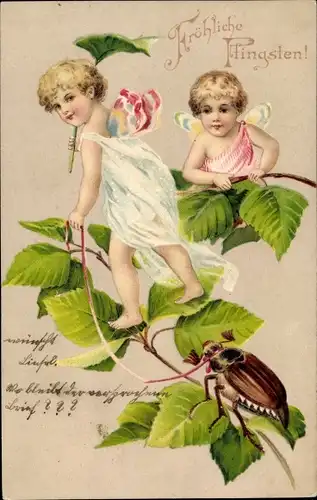Präge Litho Glückwunsch Pfingsten, Kinder, Maikäfer, Laubblätter