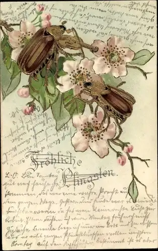 Glitzer Präge Litho Glückwunsch Pfingsten, Maikäfer, Geige, Blühender Baum