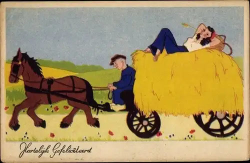 Ak Glückwunsch, Bauer, Fuhrwerk, Heu-Transport, Entspannte Frau