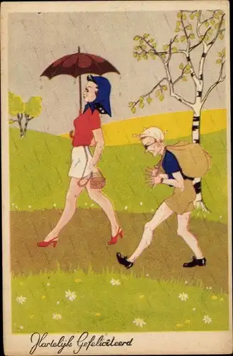 Ak Glückwunsch, Regnerisches Wetter, Spaziergang, Birke, Regenschirm