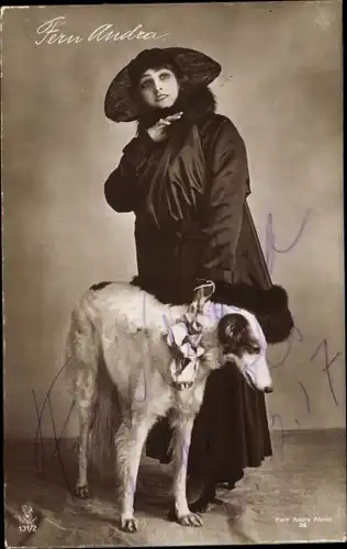Ak Schauspielerin Fern Andra, Portrait, Hund, Autogramm