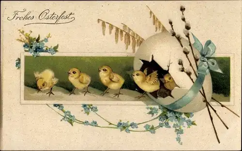 Präge Ak Glückwunsch Ostern, Osterei, Schleife, Küken, Vergissmeinnicht, Weidenkätzchen