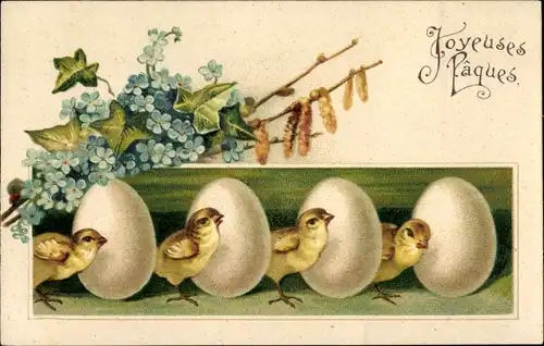 Ak Glückwunsch Ostern, Küken, Vergissmeinnicht, Ostereier