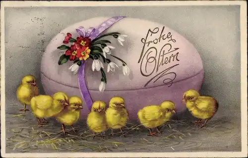 Ak Glückwunsch Ostern, Küken, Osterei, Schneeglocken