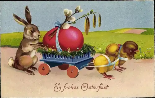 Ak Glückwunsch Ostern, Osterhase, Holzkarren, Küken, Osterei, Weidenkätzchen