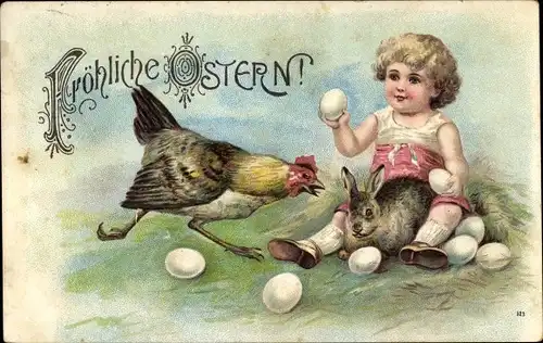 Präge Ak Glückwunsch Ostern, Kind, Hase, Henne, Eier