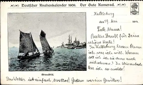 Ak Wien 23 Liesing Kalksburg, Deutscher Knabenkalender 1909, Strandbild, Segelboote