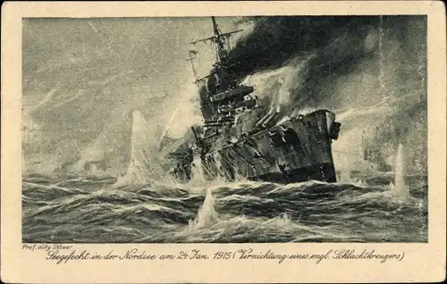 Künstler Ak Stöwer, W., Vernichtung eines englischen Schlachtkreuzers, Schlacht in der Nordsee 1915