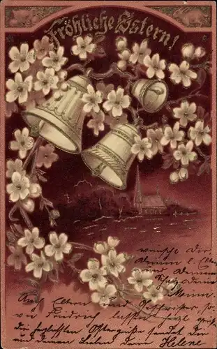 Präge Litho Glückwunsch Ostern, Glocken, Blumen