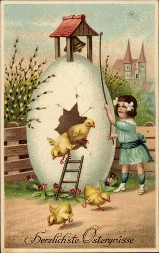 Präge Ak Glückwunsch Ostern, Küken schlüpfen, Glocke, Mädchen