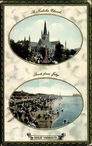 AK Great Yarmouth östlich von England, St. Nicholas Church, Sands from Jetty