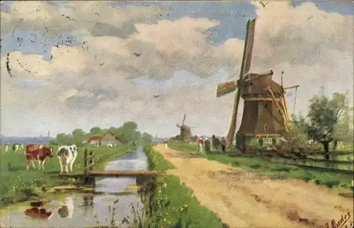 Künstler Ak Windmühle, Dorfstraße, Fluss, Kühe, Wiese