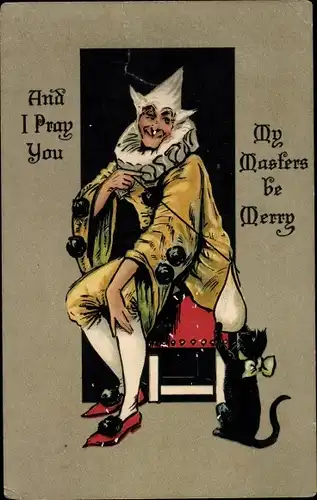 Künstler Ak Harlekin und schwarze Katze