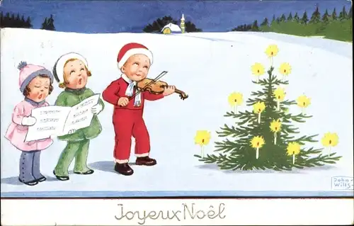 Künstler Ak Wills, J., Glückwunsch Weihnachten, Musizierende Kinder, Tannenbaum, Geige