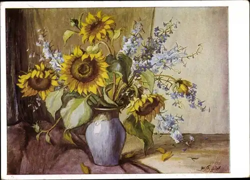 Künstler Ak Blumenvase mit Sonnenblumen