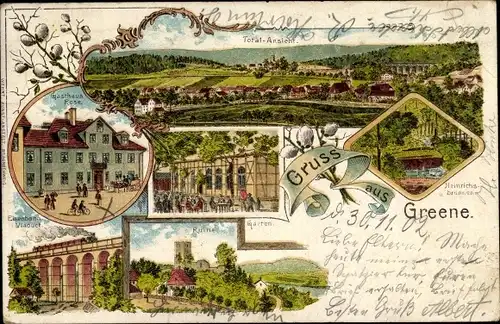 Litho Greene Einbeck in Niedersachsen, Totalansicht, Gasthaus Rose, Eisenbahnaviadukt, Ruine