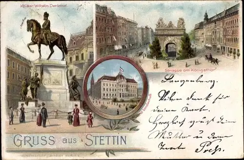Litho Szczecin Stettin Pommern, Kaiser Wilhelm Reiterdenkmal, Straße am Königstor, Generallandschaft