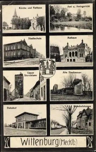 Ak Wittenburg in Mecklenburg Vorpommern, Kirche, Rathaus, Stadtschule, Storchturm, Bahnhof