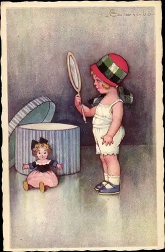 Künstler Ak Colombo, E., Mädchen mit Handspiegel, Hut, Puppe