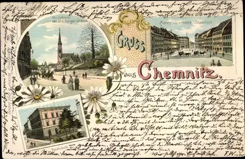Litho Chemnitz Sachsen, Nicolaikirche, Stollberger Straße, Marktplatz, Johannisstraße, Reichsbank
