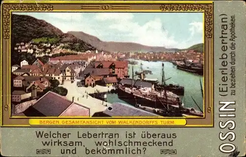 Passepartout Ak Bergen Norwegen, Gesamtansicht vom Walkendorffs Turm, Werbung Eierlebertran Ossin