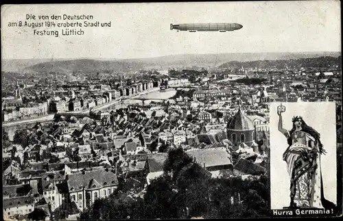 Ak Liège Lüttich Wallonien, Vue générale en 1914, dirigeable, Zeppelin, Germania